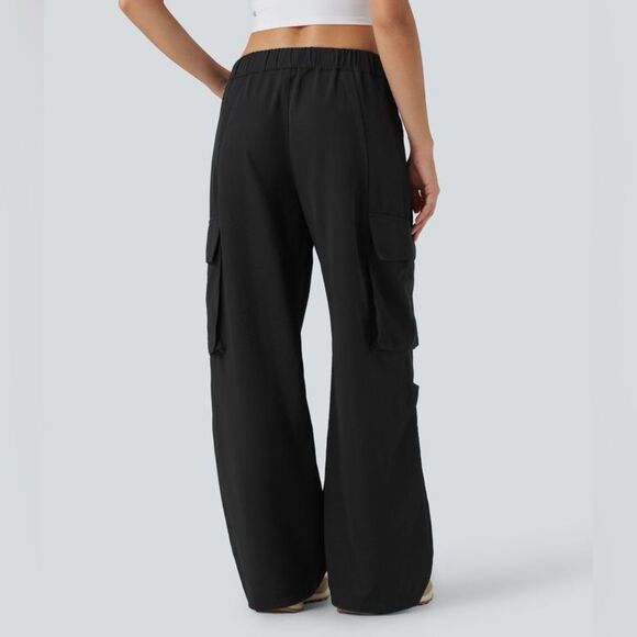 Halara Black Mid Rise Side Pocket Wide Leg Nylon Casual Cargo Pants - Picture 2 of 8